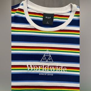 HUF Worldwide Skateboard Skate Tee Embroidered Logo Striped T-shirt Men's Large